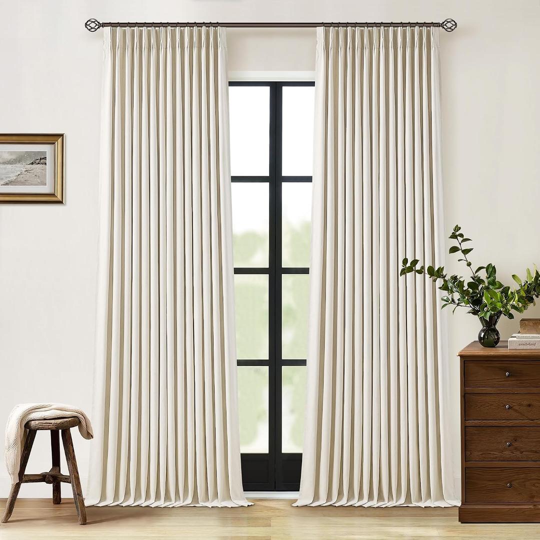 Flax Linen Black Out Curtains for Bedroom Windows 96 Inch Long 2 Panels Pinch Pleated 2 Layer Back Tab Insulated Thermal Blackout Curtain Living Room Earthy Tone Cream Beige Drapes 96 Inch Length
