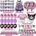 52PCS-Kuromi Birthday Party Supplies, Party Decorations Set Include Banner, Balloons, Hanging Swirls, Cake Cupcake Toppers, Tablecloth for Girls Kuromi Theme Party..