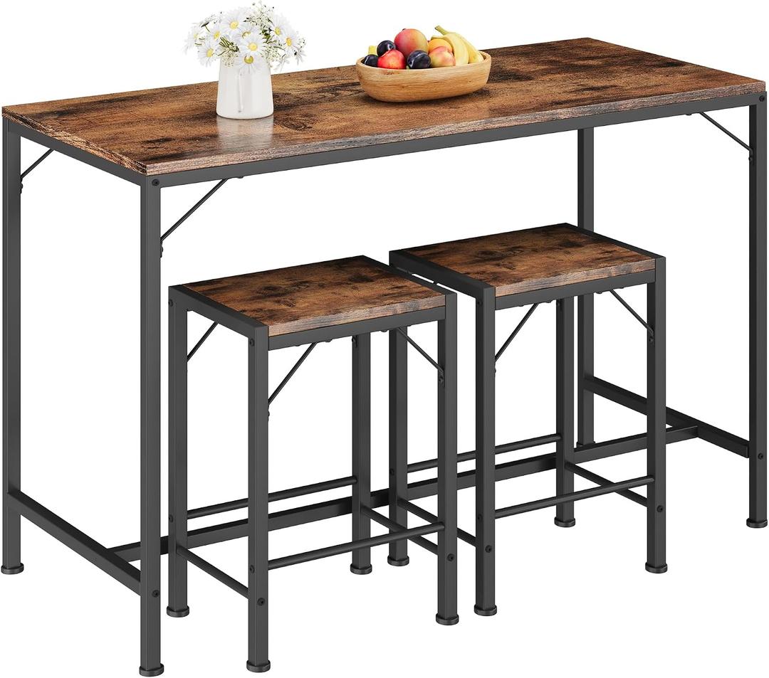 Homeiju Bar Table and Chairs Set, Bar Table with 2 Stools, Space-Saving Dining Pub Set for 2, Perfect for Kitchen, Breakfast Nook, Living Room & Small Spaces (Rustic Brown), 43.3 x 18.9 x 35.6 inches