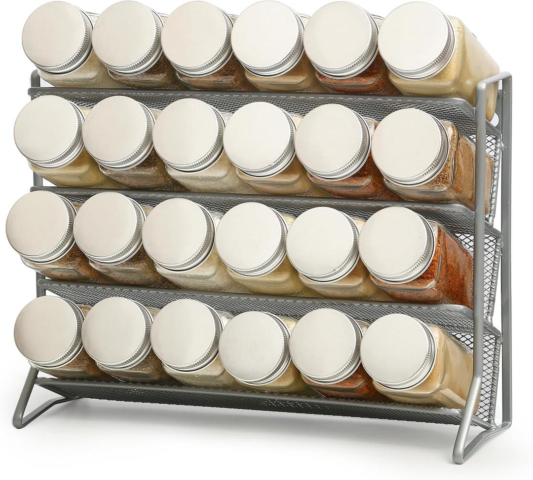 1PCS 4Tier Spice Rack for Counter Free Standing,Spice Rack for Inside Cupboard Hanging Wall Mounted Spice Seasoning Organiser Spice Jars Bottle Organizer for Kitchen PantrySilver
