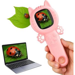 2-in-1 Microscope Camera for Kids, Mini Handheld Microscope Supporting Multiple Viewing Angles, Outdoor Educational Science Adventure Toys, Birthday Gifts for 3-10 Years Old Girls, Pink Cat
