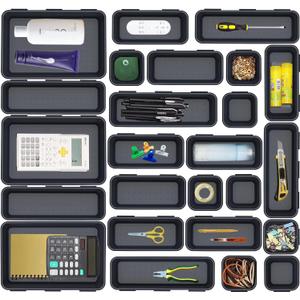 25 PCS Interlocking Desk Drawer Organizer Separator for Office,Bathroom,Kitchen,Makeup,Tool4 Sizes (Black)