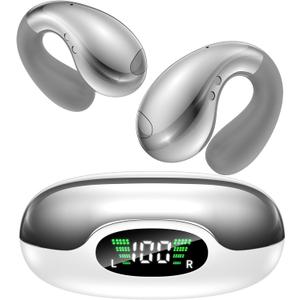 Ultra Open Ear Earbuds - Ergonomic Clip-On Earbuds, Bone Conduction Over-The-Ear Headphones with Waterproof Design and Secure Fit for Small Ears, Crystal Silver