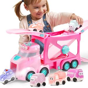 Extra Large Toy Trucks for Toddlers, 3-Layer Princess Pink Trucks for 2 3 4 Year Old Girls, 7-in-1 Big Transport Vehicle Carrier Truck with Siren & Lights and 6 Toy Cars, Birthday Gifts for Girls Kids, Pink