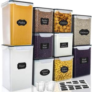 VERONES Large Tall Airtight Food Storage Containers, 10 PACK Plastic Airtight Kitchen & Pantry Organization, Ideal for Flour & Sugar Plastic Canisters with Labels (Black)
