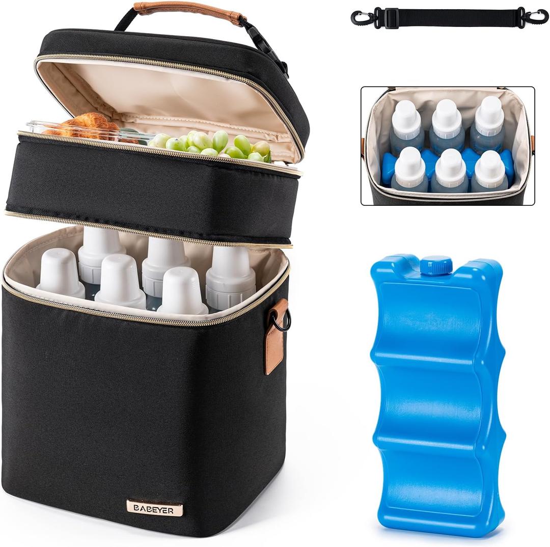 Breastmilk Cooler Bag with Ice Pack Fits 6 Baby Bottles Up to 9 Ounce (Black)