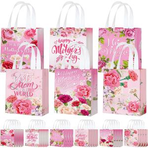 Motiskyy 24 Pcs Mother's Day Tote Gift Bags Bulk, Non-woven Tote Bags with Handle Reusable with Carnation for Love Mom Treat Wrap Favors Mother's Day Party Supplies