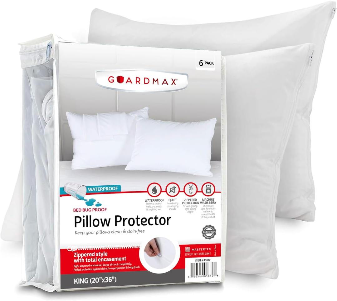 Guardmax Jersey Knitted Pillow Protector with Zipper King Size - 6 Pack - 100% Waterproof, Bed Bug Proof, Dust Mite Proof, & Hypoallergenic Pillow Covers - Premium Zippered Pillow Cases. (20 X 36) (King (20" x 36"))