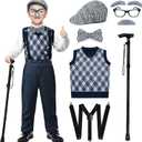 Kids 100 Days of School Costume Boys-Halloween Grandpa Old Man Costume with Accessories for 100th Day of School Party (Large (8-10yr), Retro Black)