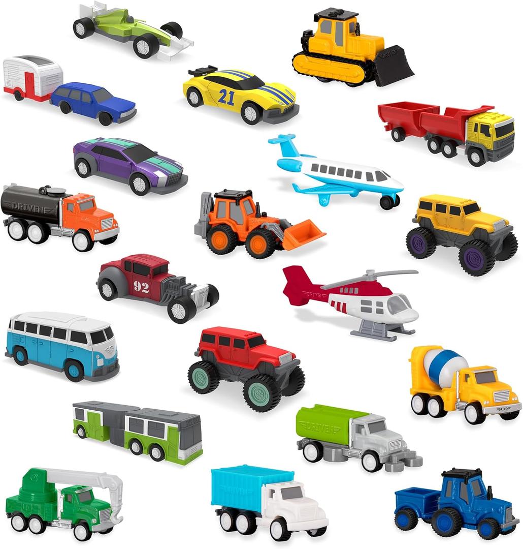 Driven by Battat  Pocket Fleet 1  20 Mini Toy Vehicles  Camper Van, Construction Trucks, Cement Mixer, Monster Truck, Race Car & More  Gift Toy Car Playset for Boys & Girls Age 3+ [Pack of 1]