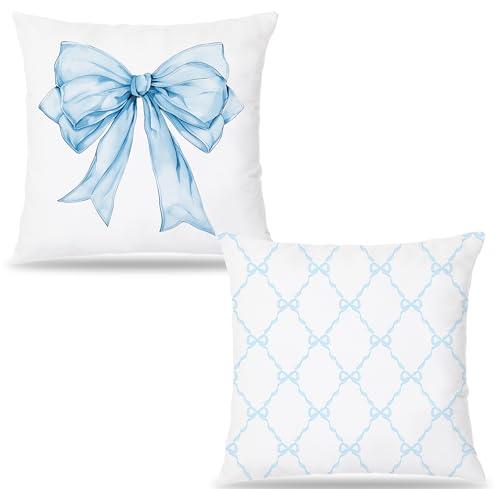Pleonox Blue Coquette Bow Pillow Covers 18x18, Coquette Room Decor,Coquette Stuff, Girly Bedroom Decor, Bow Room Decor,Set of 2