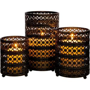 Metal Candle Holders Set of 3, Decorative Tealight Candle Holder Sets, Candlestick for Pillar Vintage Style Perfect for Tabletop Centerpieces Home Decor Wedding Parties Events (Pattern Shape, Black&Gold)