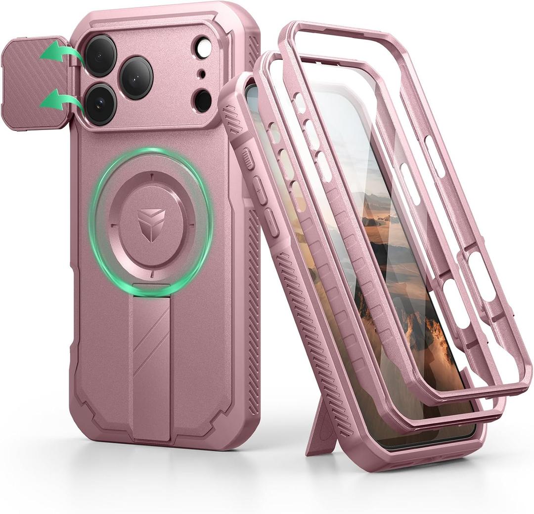 Dexnor for iPhone 17 Pro Max Case, [2 Front Frame & Built-in Flip Camera Cover & Kickstand], Compatible with MagSafe, Heavy-Duty Shockproof Portection Case with Screen Protector, 6.9 inch Peony Pink