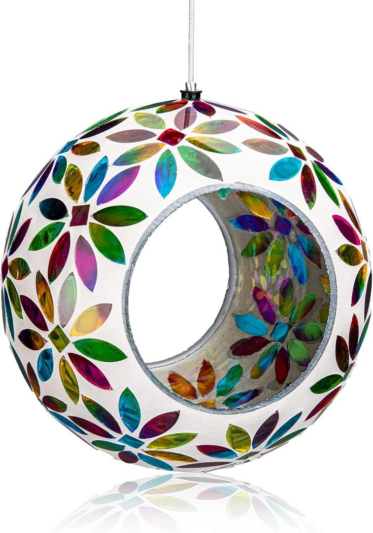 VCUTEKA Bird Feeder for Outside Hanging with Round Shape Glass Container to Attract More Wild Birds, Mosaic Fly Through for Garden, Yard, Backyard, Deck and Porch Decor, 7-Inch (White)
