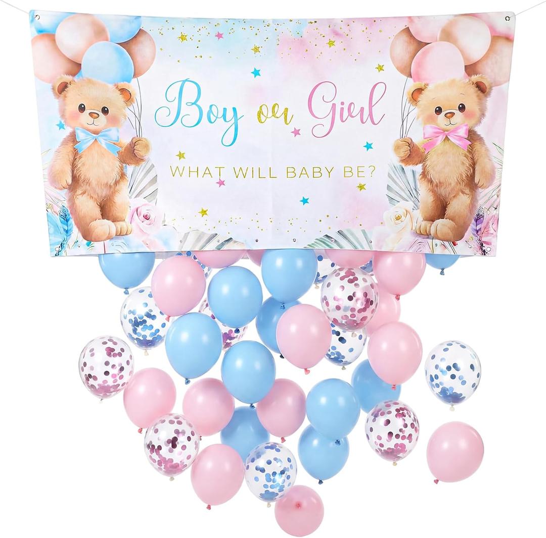 Bear Gender Reveal Balloon Drop Bag Kits Blue Pink Balloon Drop Gender Reveal Boy or Girl Ideas Bear Dropback Decoration for Baby Shower Party Supplies
