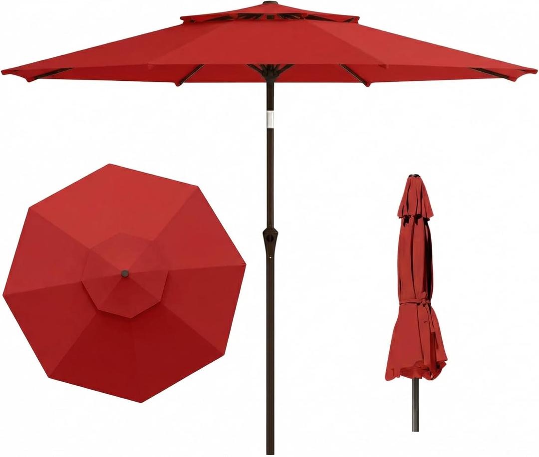 10 FT Outdoor Patio Umbrella, 2 Tiers Market Table Umbrella with 8 Sturdy Ribs, Push Button Tilt and Crank, UPF50+ UV Protection for Deck, Pool, Garden and Backyard, Red