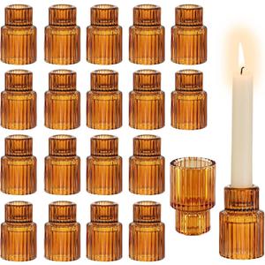 Glasseam Glass Candle Holder for Candlesticks: 20PCS Amber Candle Holders for Taper Candles Small Fall Candle Stick Holders Bulk for Table Wedding Centerpiece Christmas Halloween Living Room Decor