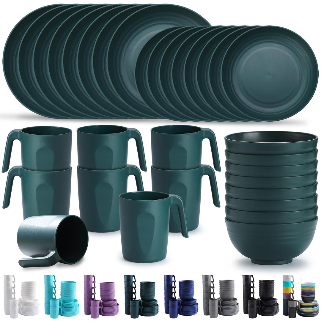 Kyraton Plastic Dinnerware Sets of 32 Pieces, Unbreakable And Reusable Light Weight Plates Mugs Bowls Dishes Easy to Carry And Clean Microwave Safe BPA Free Dishwasher Safe Service For 8