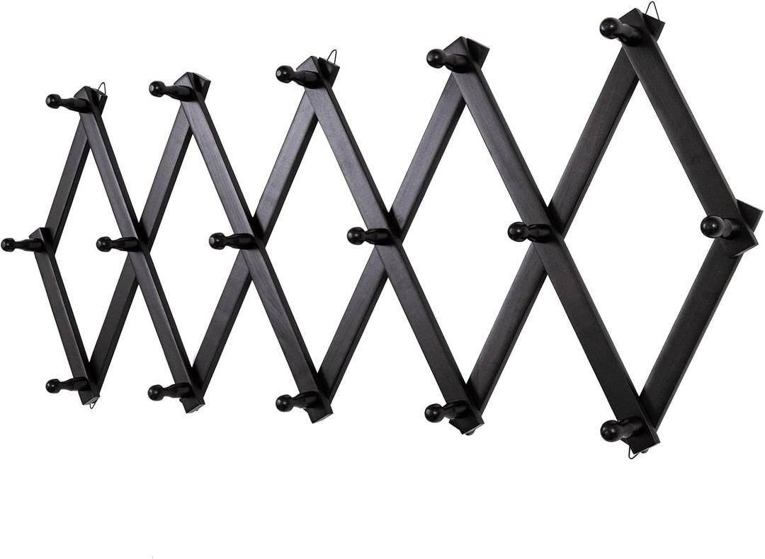 Accordion Wall Hanger with 16 Hooks, Wooden Wall Expandable Coat Rack for Coat, Hats, Baseball Caps, Coffee Mug, Jewelry(Black) (16 Hooks, Black)