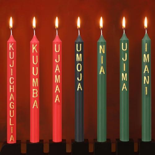 Sosation 7 Pieces Kwanzaa Kinara Candles Set with Words Kwanzaa Decorations 3 Red 3 Green 1 Black Winter Kinara Candles Celebrates African Americans Traditional House Decoration, 9.8 x 0.8 Inch