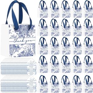 Kolldenn 50 Pack Small Blue Chinoiserie Wedding Gift Bags Bulk Something Blue and White Floral Thank You Gift Bags with Handles Cards for Wedding Bridal Shower Birthday Bachelorette Party