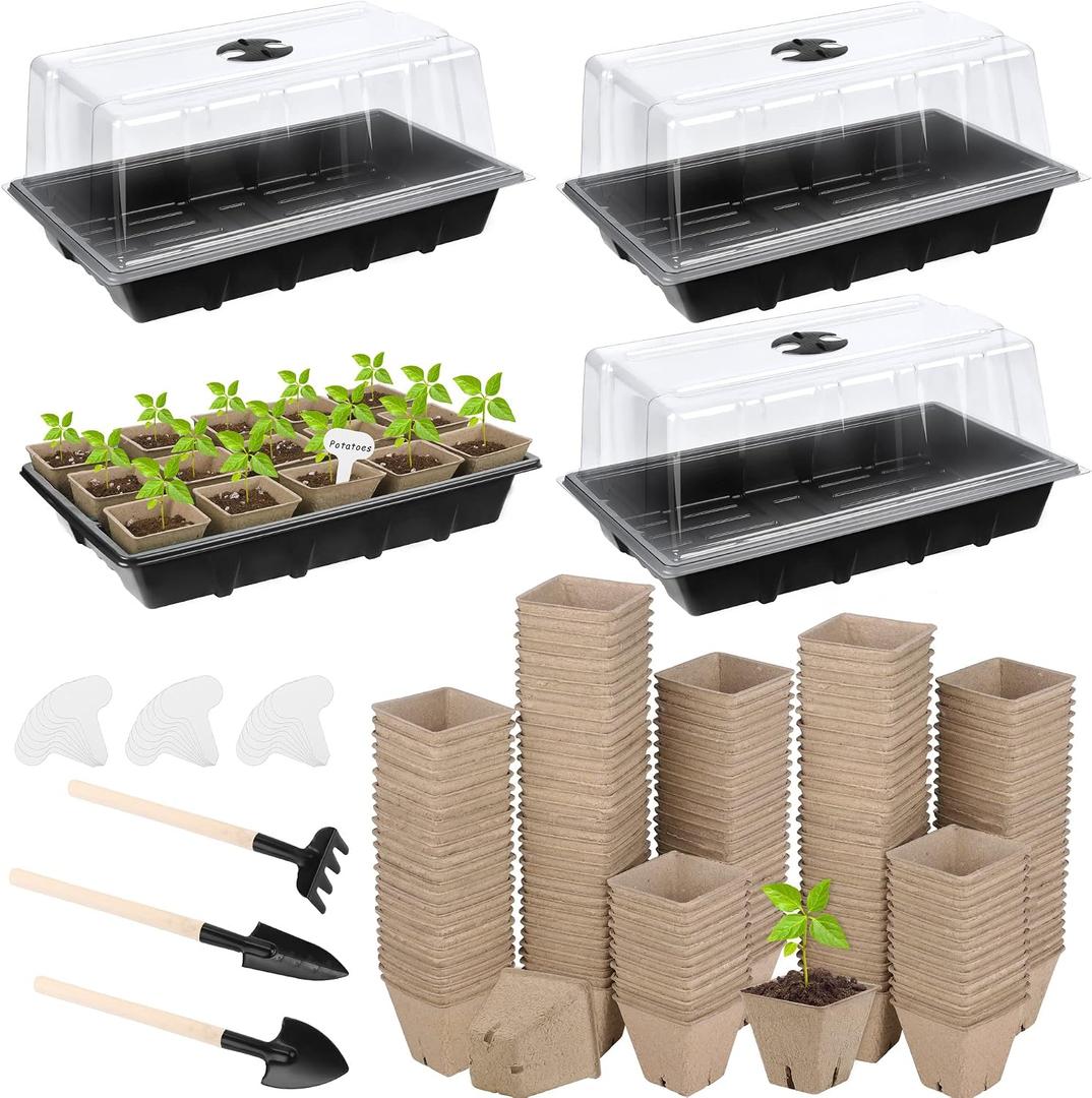 Hahood 4 Pack Seed Starter Tray Kit, 120 Square Seed Peat Pots for Seedlings with Plants Labels, Planting Tools, Plastic Growing Germination Trays with Lids for Indoor Outdoor Gardening, Black, 15 x 9.4 x 3.9 inches