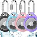 UNBREAKcable AirTag Holder for Apple - 4 Pack Air Tag Case [Professional Carabiner] [Waterproof] [Shockproof] TPU AirTag Keychain for Kids, Pets, Keys, Luggage, Backpacks (Transparent Purple / Pink / Blue / Black)