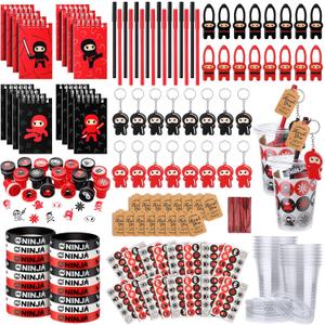 Wettarn 161 Pcs Ninja Party Favors Include Flying Ninjas Notepads Silicone Wristband Key Chains Sticker Stamp Pen Plastic Cups with Lids Thank You Tags for Ninja Birthday Party Decorations (Classic)