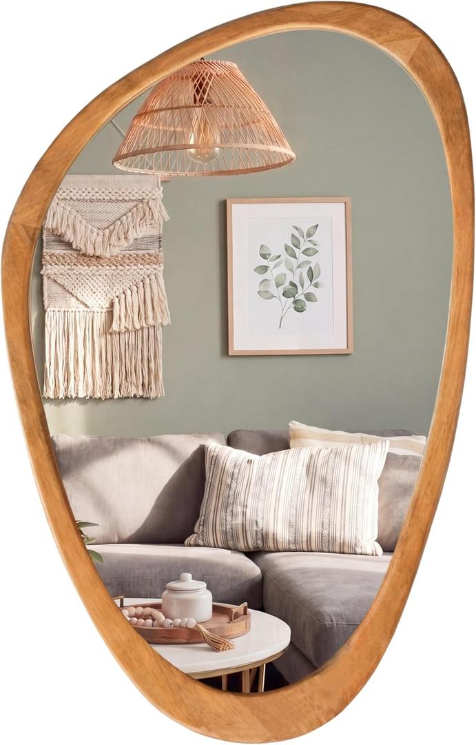 PERFNIQUE Asymmetrical Mirror, Irregular Wall Mirror, 30"x19" Tempered Glass Wood Framed Mirror for Mid Century Modern Decor, Decorative Mirrors for Bedroom, Living Room, Entryway, Vanity