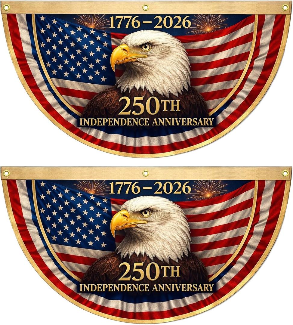 Heavy Duty 3-Ply 250th Anniversary Bunting Flag 1.5x3 FT, 2 Pack | Double Sided Patriotic Fan Banner, Blackout Layer, 12oz Canvas Header, 3 Thick Brass Grommets