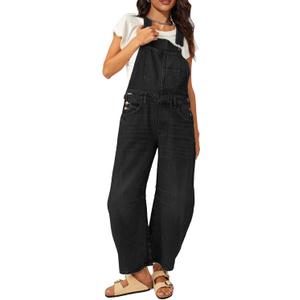 Barrel Overalls Jumpsuits for Women Casual Loose Baggy Jeans Pants Sleeveless Bib Jumpers with Pockets (Large, Classic Black)