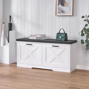 Shoe Storage Bench with 2 Flip Drawers, Entryway Bench with Padded Seat Cushion, Shoe Cabinet with 2 Barn Doors, 11.8" D x 39.4" W x 18.4" H, for Entryway, Living Room, Bedroom, White