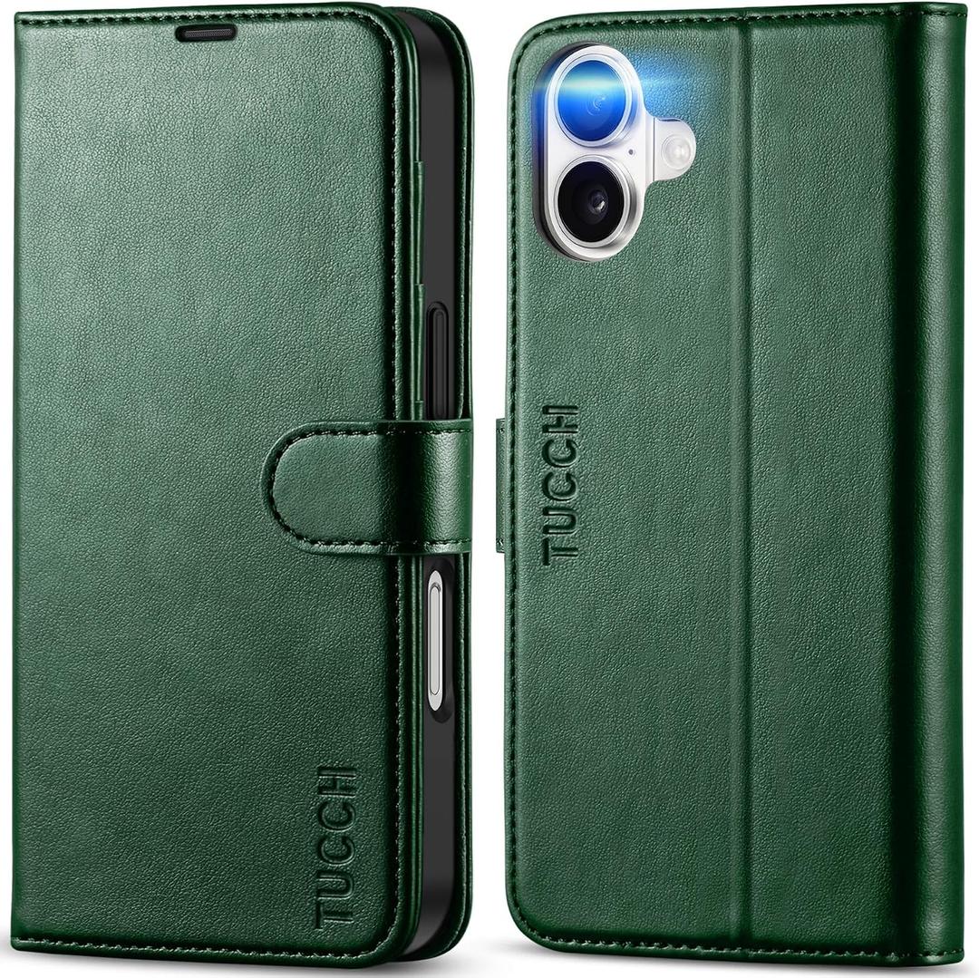TUCCH Case Wallet for iPhone 16, Protective [TPU Shockproof Inner Shell], Kickstand PU Leather RFID Blocking [4 Card Holder] Magnetic Closure Cover Compatible with iPhone 16 5G, Green