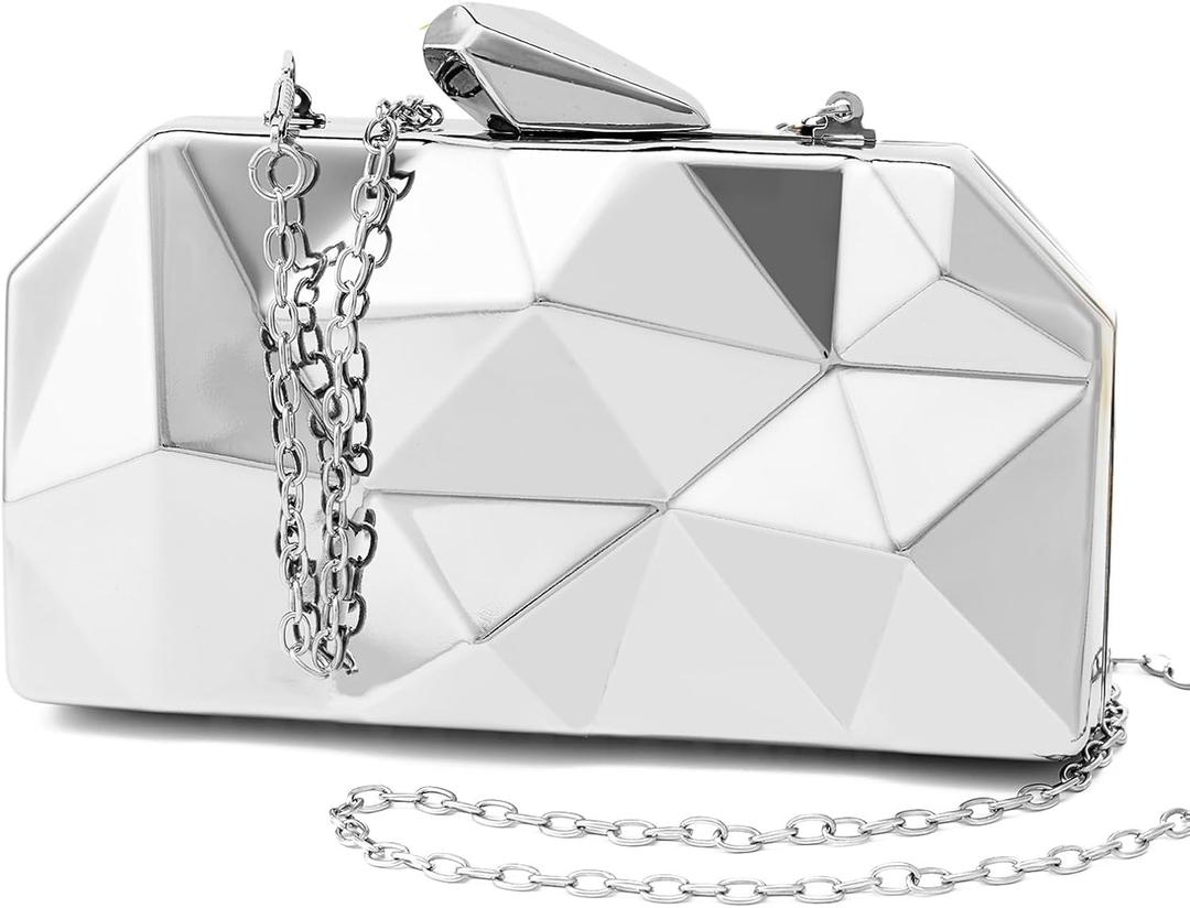 Women Lattice Pattern Metal Evening Clutch Bag,Geometric Evening Clutch Purse Handbag With Chain Strap (Small, Silver)