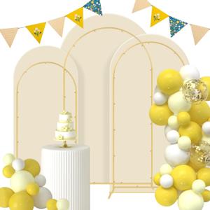 Gawicpy Wedding Arch Backdrop Stand Set Metal Arch Backdrop Stand with Wedding Arch Cover, Wedding Balloon Arch Backdrop Stand for Birthday, Baby Shower, Anniversary (Beige, 5.9FT+6.6FT+7.2FT)