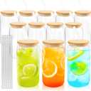 Joyclub 12 Set Glass Cups with Bamboo Lids and Straws 16oz Can Shaped Reusable Iced Coffee Cups with Lids, Drinking Glasses Tumbler with Straw and Lid for Soda Boba Tea Cocktail Whiskey Gift