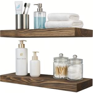 Floating Shelves 2 inch Thick for Wall Set of 2,24 inch High-End Solid Wood Floating Shelves,Rustic Walnut Wall Shelves for Bathroom Bedroom Kitchen, with Sturdy Hidden Bracket,Walnut Finish