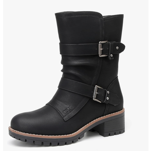 DECARSDZ Women's Motorcycle Boots Mid Calf PU Leather Biker Boots - Stylish Women's Black Brown Riding Boots for Motorcycle, Combat, and Festival. Black. Size 6