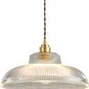 Small Glass Pendant Light Fixtures One-Light Gold Brass Dining Room Decor mid Century Modern Hanging Pendant Lamp Clear Dome Shade Striped Light Fixture for Kitchen Island