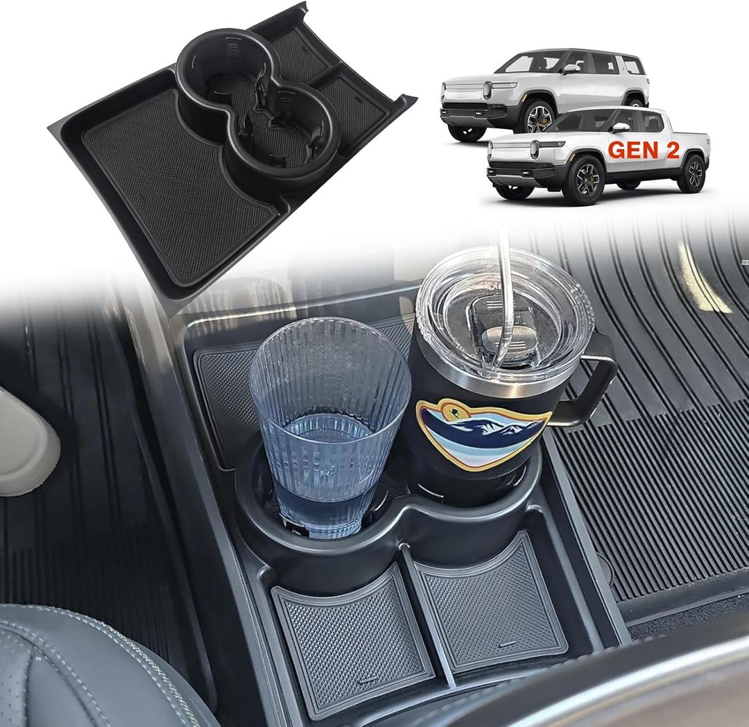 BestEvMod Gen 2 Lower Center Console Organizer Tray Compatible with Rivian R1T R1S 2026 2025 Gen 2 Fit 32oz Bottle Interior Accessories ABS Material with PVC Trim Floor Console Storage (Black)