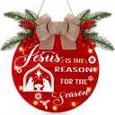 Coume 12 Inches Christmas Decorations Wooden Hanging Sign Jesus Is The Reason for The Season Sign LED Lights Xmas Plaque Christmas Nativity Scene Door Wreath for Holiday Front Door Wall Decor