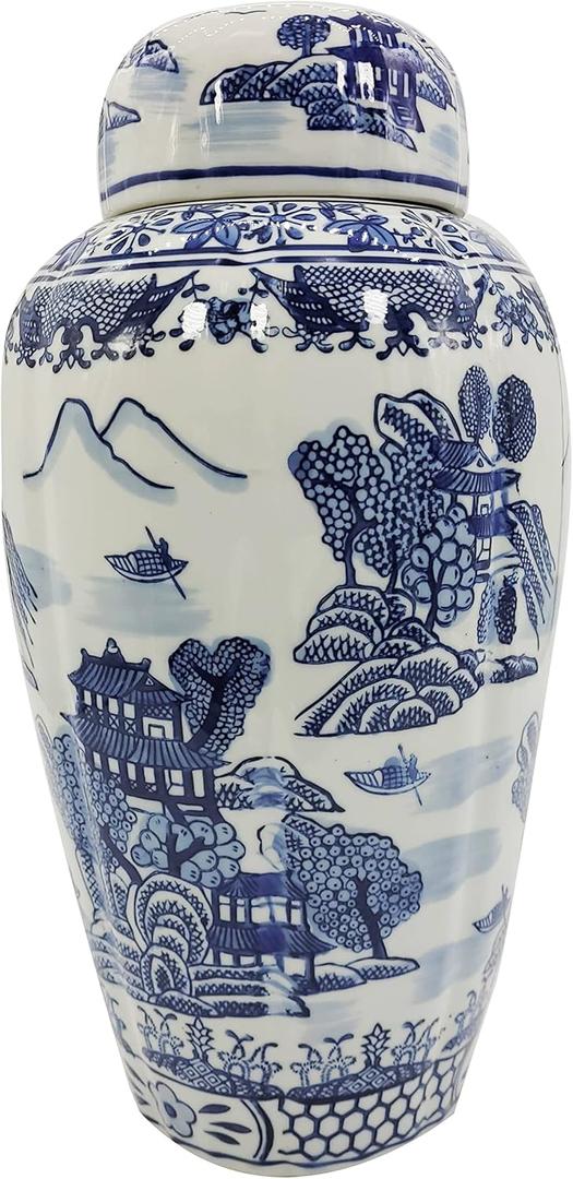 Galt International 16" Blue and White Urn Style Ceramic Porcelain Ginger Jar Classic Temple Landscape Design Home Decor