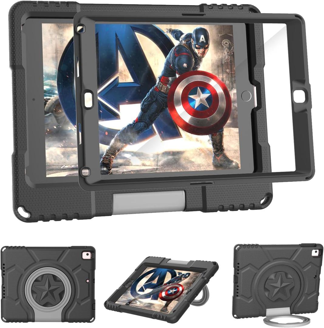 Kids Case for iPad 5th/6th Generation 9.7-inch 2017/2018 Release, Lainergie iPad Air 2 Case with Screen Protector, iPad Pro 9.7 Protective Cover Case Lightweight Shockproof with Handle Stand, Black