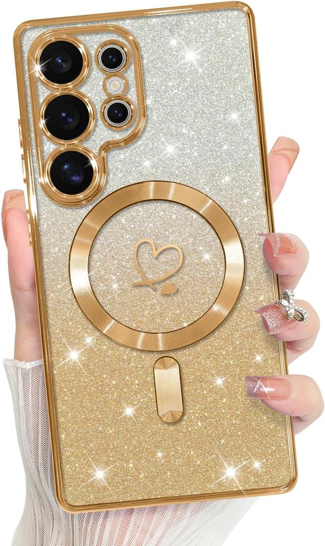 Bonoma Compatible with Samsung Galaxy S25 Ultra Case Support for MagSafe, Plating Heart Glitter Magnetic Case TPU Camera Protection Back Cover for Phone Case -Gold