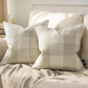 Phantoscope Pack of 2 Gingham Buffalo Check Plaid Throw Decorative Pillow Cover Outdoor Indoor Throw Pillows Farmhouse Square Pillow Cases for Home Decor Off White,18 x 18 Inches