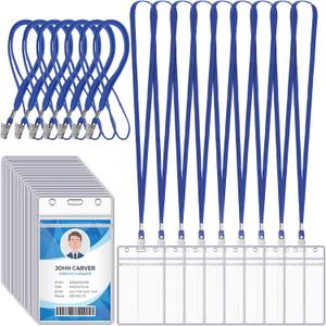 Marspark 200 Pcs Name Tag Lanyards with ID Holder Lanyards for ID Badges Resealable Flat Neck Name Tag with Clip Waterproof Plastic Clear Badges Bulk for School Office Supplies (Blue)
