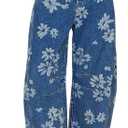 chouyatou Women's Y2k Baggy Wide Leg Denim Pants Boho Floral Printed Boyfriend Barrel Jeans with Pockets (X-Large, Flower)