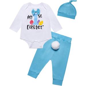 Yruiz Baby Boy My First Easter Outfit Set Infant Long Sleeve Bow-tie Romper Bunny Pants with Hat (3-6 Months, Blue)
