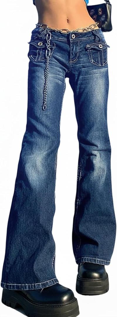 Women Bell Bottom Jeans Stretchy Flare Mid Rise Embroidery Vintage Denim Pants 90s Outfits Y2k Clothes (Blue, M)
