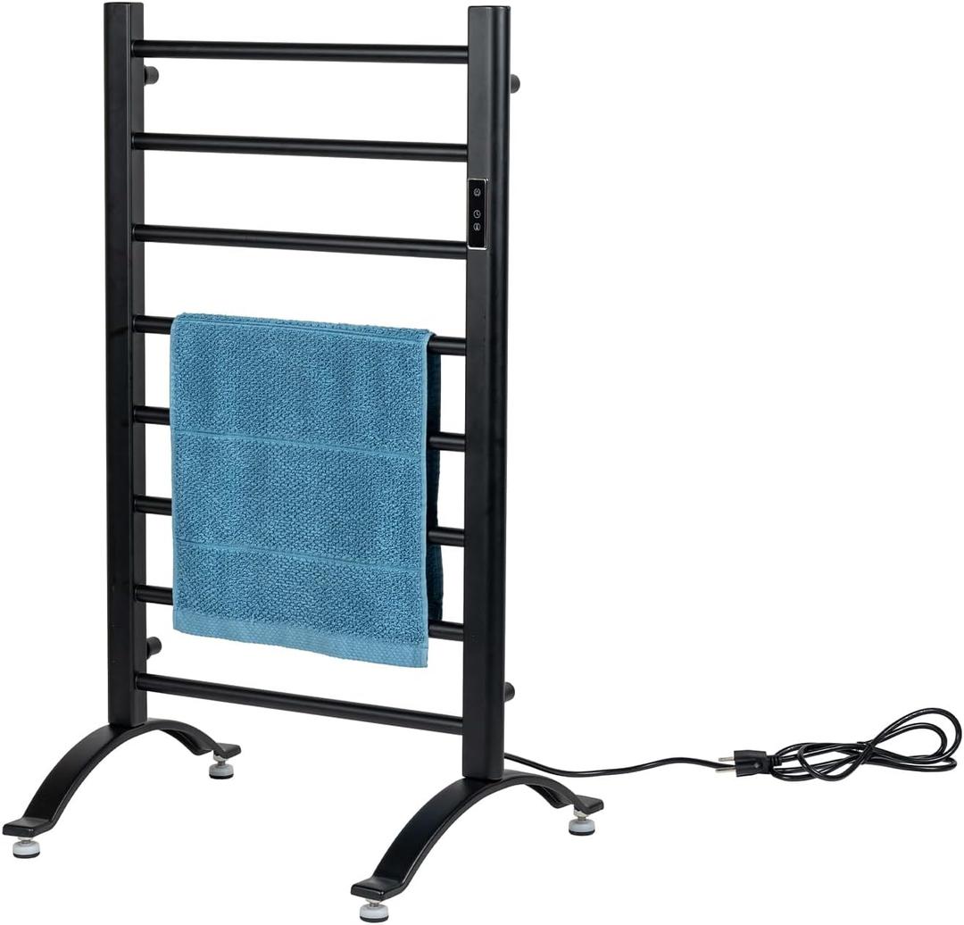 MyGift Hotel Series Matte Black Carbon Steel Towel Warmer Rack with 8 Heating Bars and LED Temperature Timer Control, Freestanding or Wall Mounted Electric Bath Towel Warming Holder